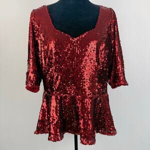 City Chic Sequin Sweetheart Neck Top A Line Red Short Sleeve Plus Size 16 NEW